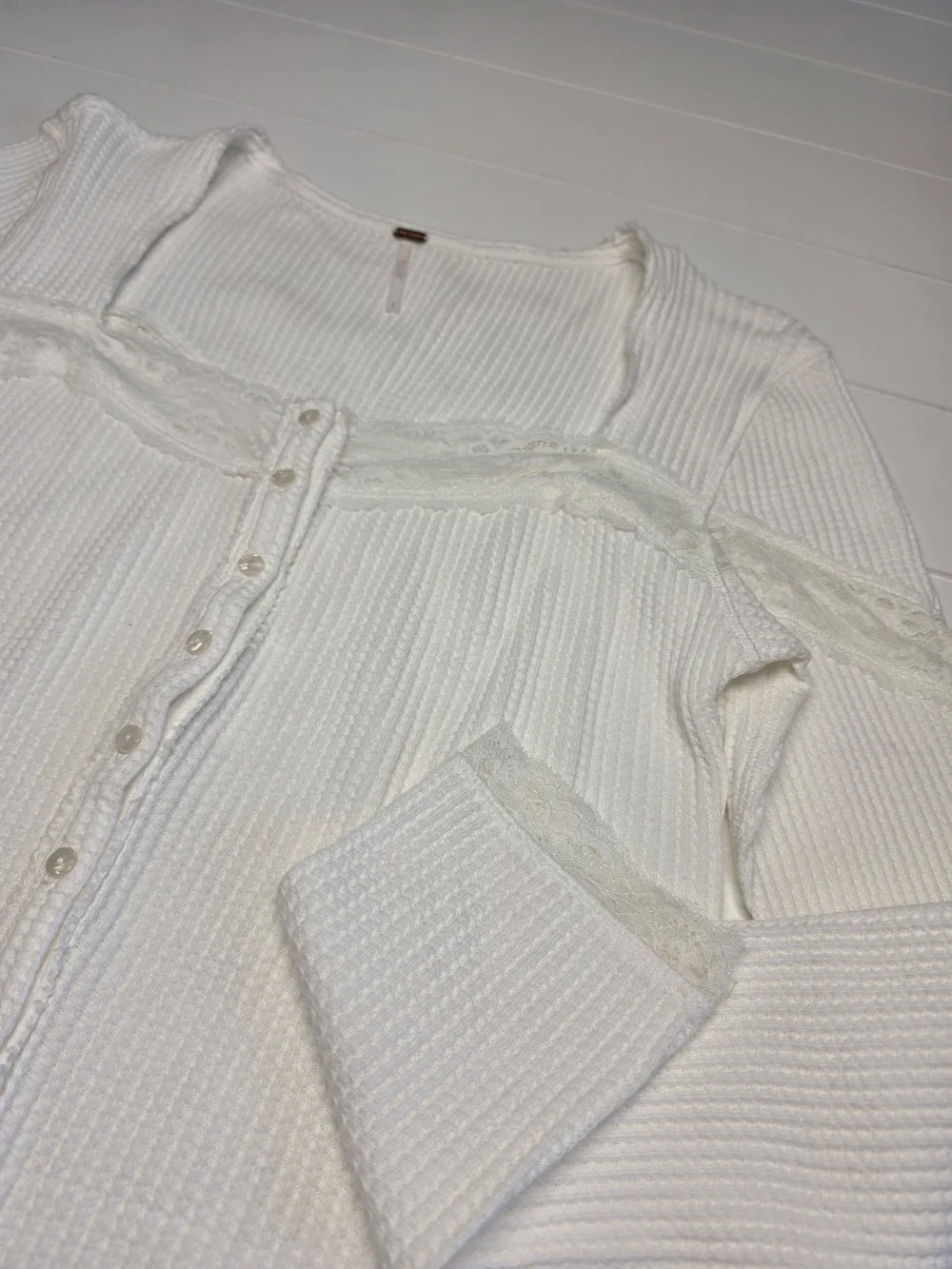 Free People Lets Pardy Cardi White Lace-Trim Thermal Button Womens Large